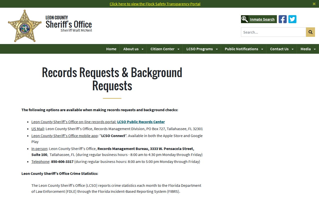 Leon County Sheriff's Office booking-record request page