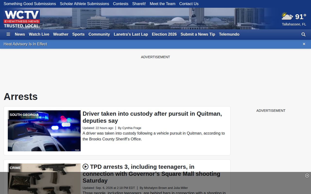 WCTV selected crime and arrest reporting for Leon County arrest log research