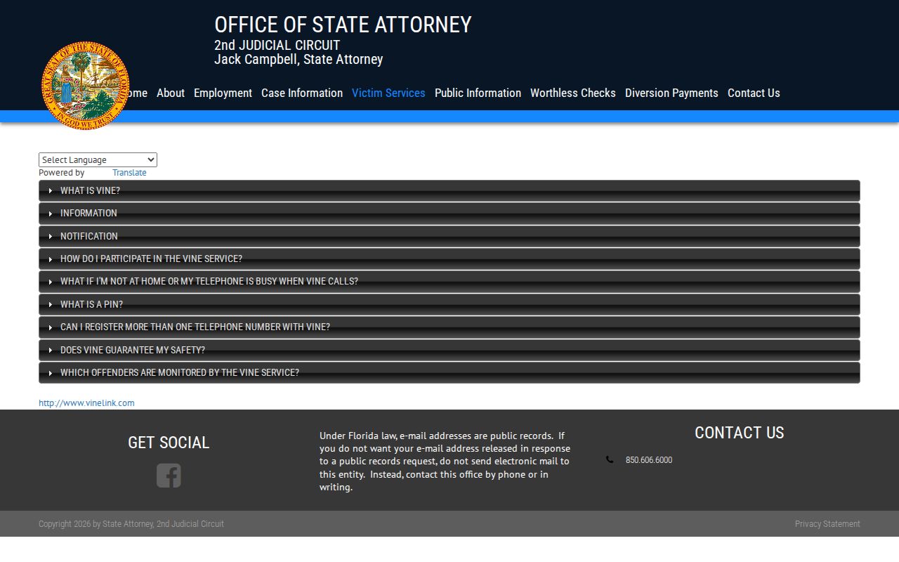 Second Judicial Circuit Florida VINE information